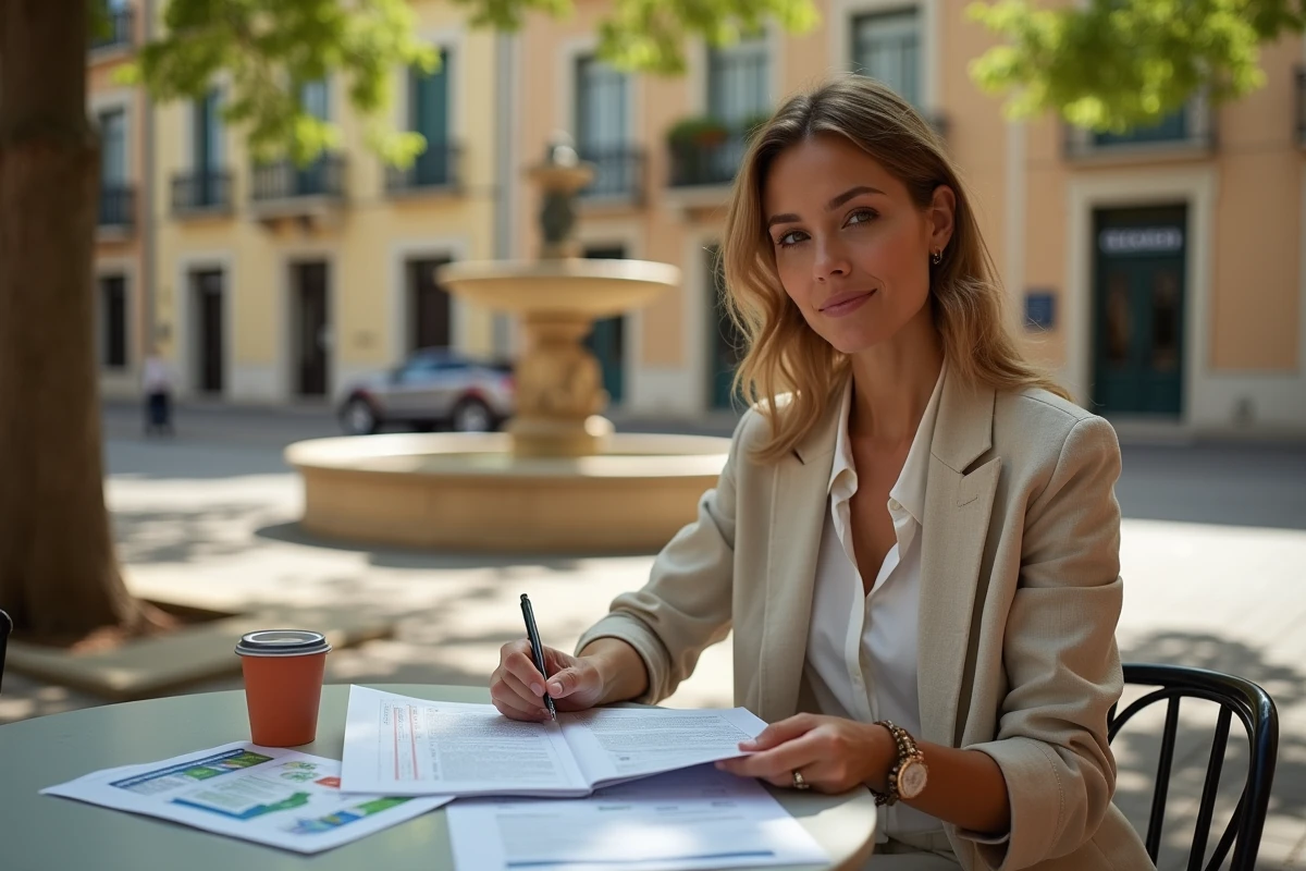 Femme étudiant les données scolaires et sécuritaires d'un quartier marseillais en terrasse de café avant un achat immobilier