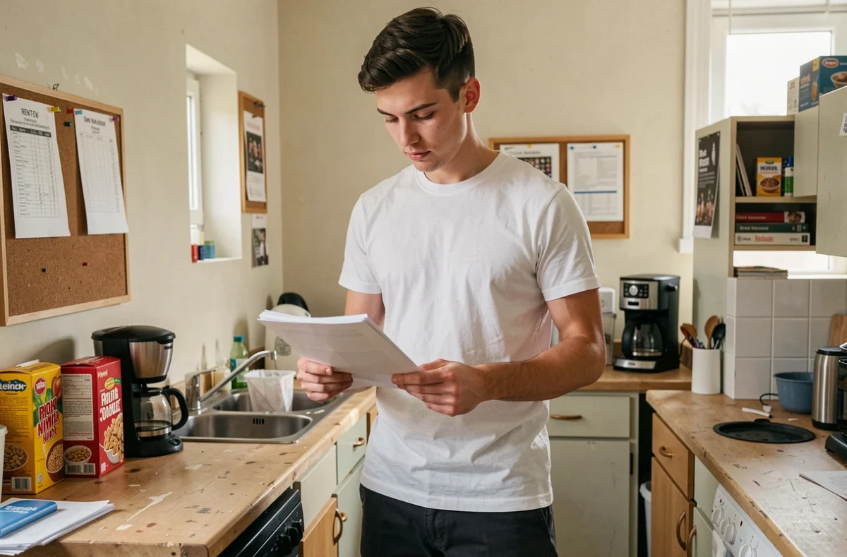 Étudiant tenant des documents d'assurance habitation dans la cuisine de son appartement partagé