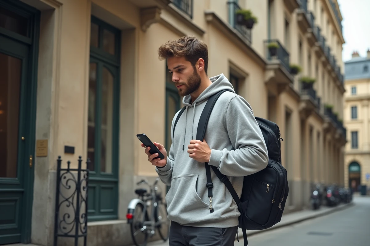 Étudiant devant un immeuble parisien consultant une plateforme de location sur son téléphone