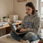 Étudiante comparant des offres d'assurance habitation pas chère sur son ordinateur portable dans sa chambre d'étudiant