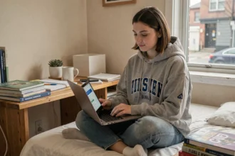 Étudiante comparant des offres d'assurance habitation pas chère sur son ordinateur portable dans sa chambre d'étudiant