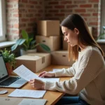 Étudiante examinant un contrat de location dans un studio avec des cartons de déménagement