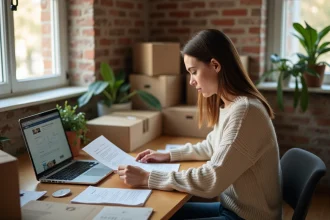 Étudiante examinant un contrat de location dans un studio avec des cartons de déménagement