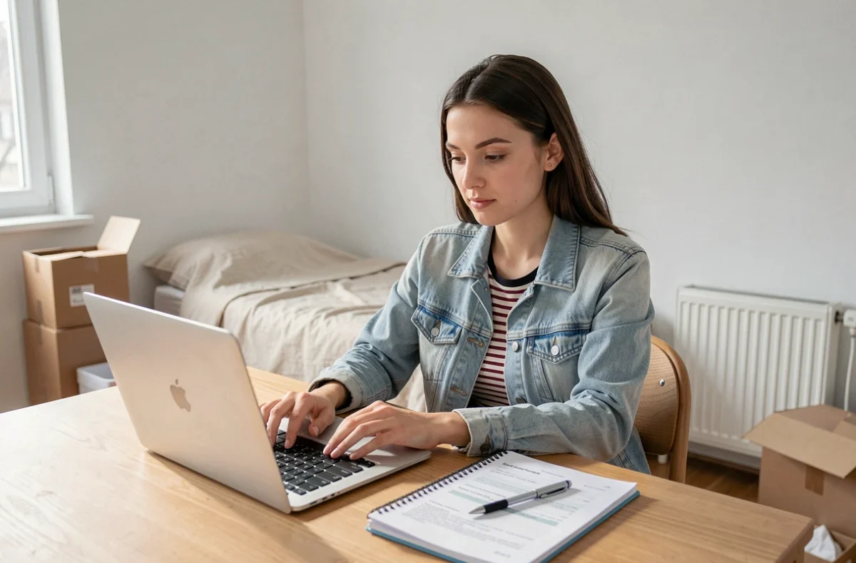 Jeune étudiante remplissant un formulaire d'assurance habitation en ligne dans son nouveau studio