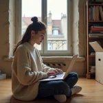Jeune femme étudiante cherchant un appartement sur Locannonce depuis son studio parisien
