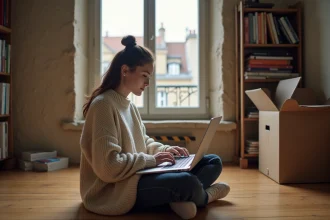 Jeune femme étudiante cherchant un appartement sur Locannonce depuis son studio parisien