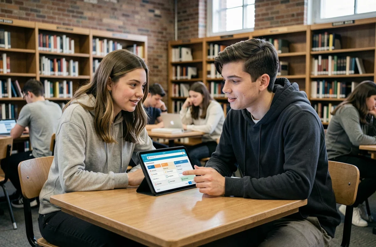 Deux étudiants comparant des assurances habitation abordables sur une tablette dans une bibliothèque universitaire