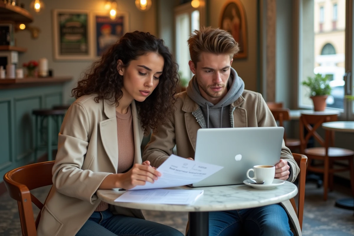 Deux étudiants comparant des offres de location sur ordinateur dans un café