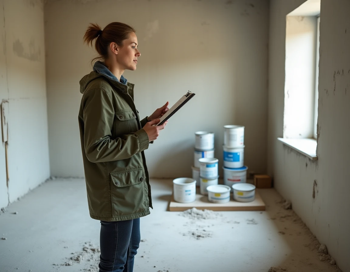 Femme évaluant l'état d'un appartement en travaux de rénovation avec un presse-papiers dans un espace brut