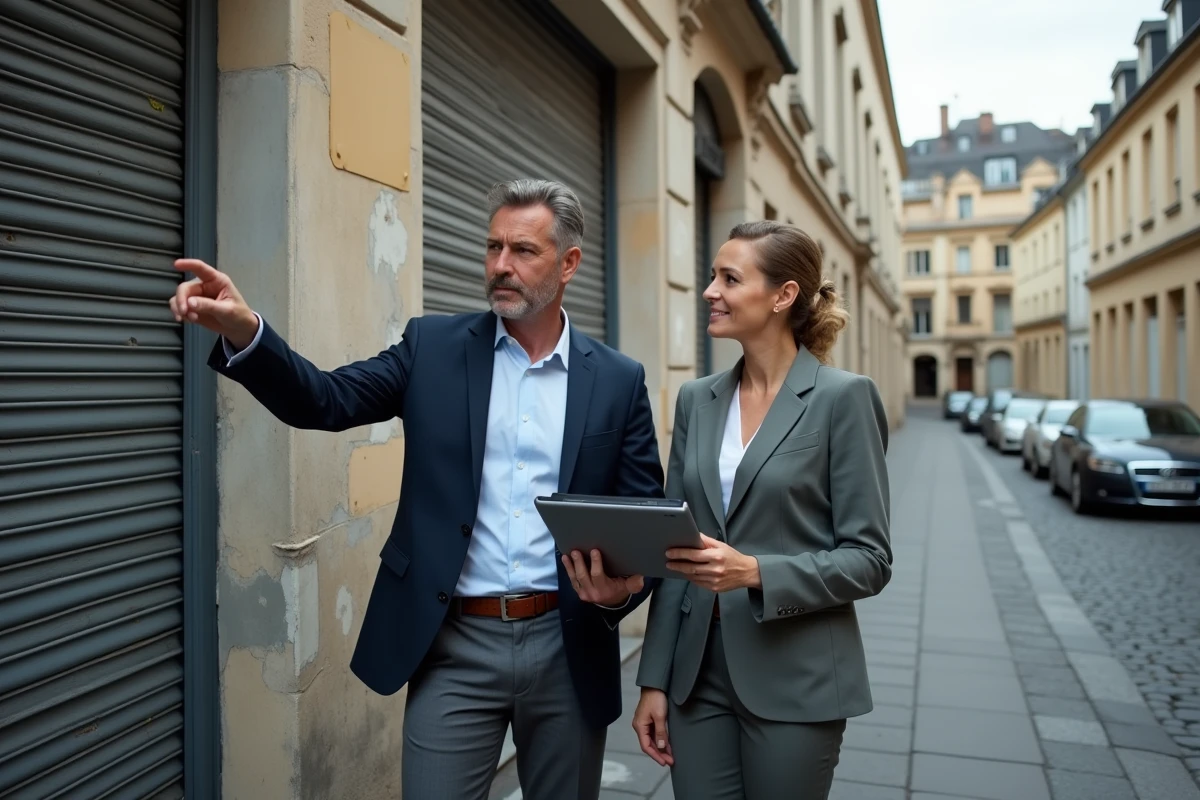 Deux marchands de biens évaluant un immeuble commercial en vue d'une revente rapide