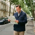 Homme étudiant une carte dans une rue résidentielle de Maisons-Alfort, évaluant la sécurité du quartier