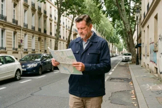 Homme étudiant une carte dans une rue résidentielle de Maisons-Alfort, évaluant la sécurité du quartier