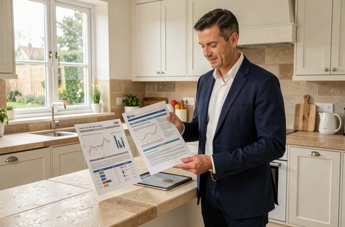 Conseiller ExaCompare Finistère comparant des rapports de diagnostic immobilier dans une cuisine moderne