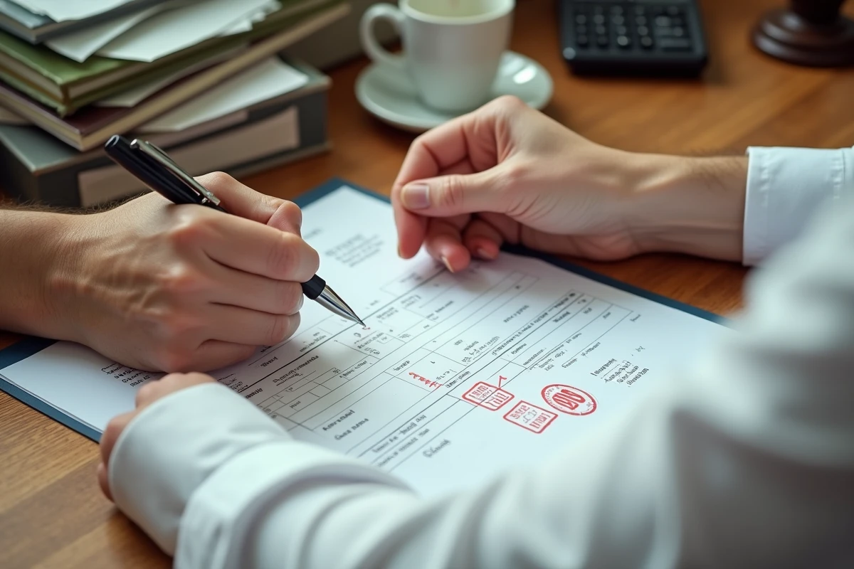 Gros plan sur des mains annotant une facture impayée sur un bureau comptable encombré de dossiers financiers