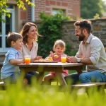 Famille avec deux enfants profitant du jardin d'une petite maison à louer dans l'Eure (27)