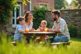 Famille avec deux enfants profitant du jardin d'une petite maison à louer dans l'Eure (27)