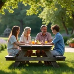 Famille réunie dans le jardin d'une petite maison en pierre à louer dans le Puy-de-Dôme, entourée de verdure et de collines volcaniques