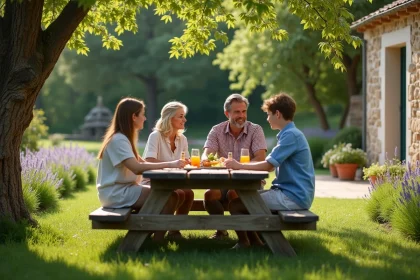 Famille réunie dans le jardin d'une petite maison en pierre à louer dans le Puy-de-Dôme, entourée de verdure et de collines volcaniques