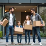Famille souriante devant leur appartement lyonnais