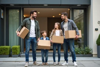 Famille souriante devant leur appartement lyonnais