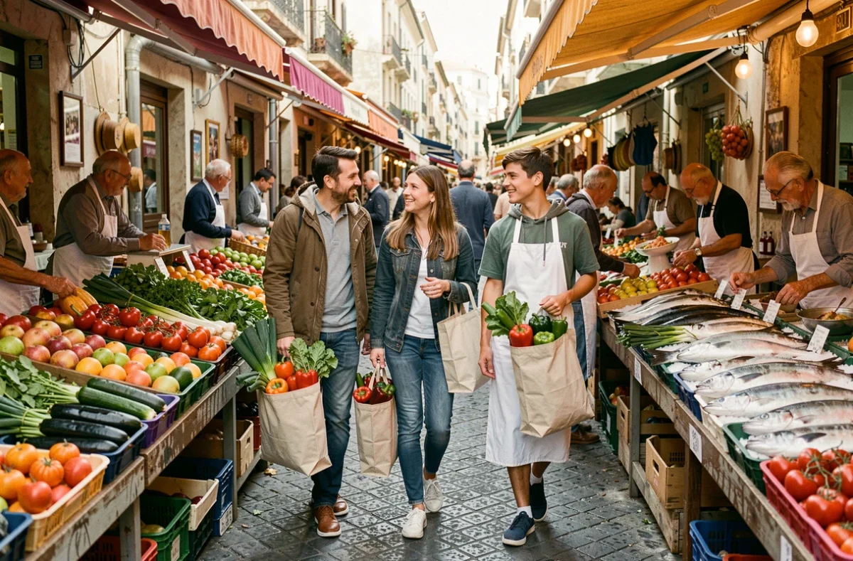 Famille faisant leurs courses au marché du Prado à Marseille dans une atmosphère de quartier animé