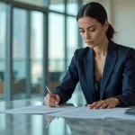 Femme d'affaires confiante dans un bureau moderne à Dubai
