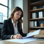 Femme d'affaires lisant des documents de location