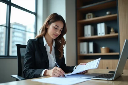Femme d'affaires lisant des documents de location