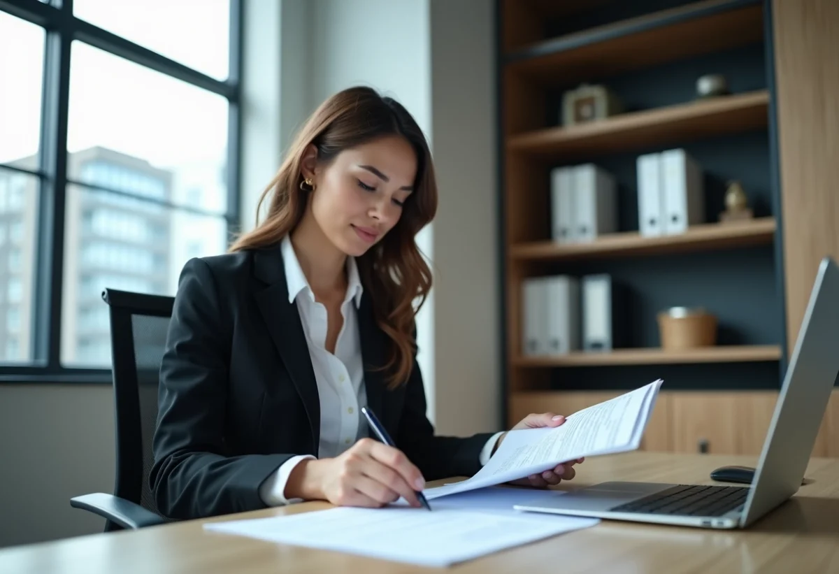 Femme d'affaires lisant des documents de location