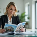 Femme d'affaires en blazer consulte une revue immobiliere