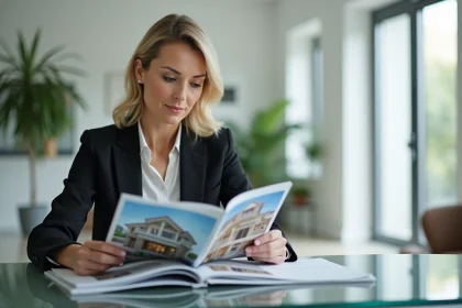 Femme d'affaires en blazer consulte une revue immobiliere