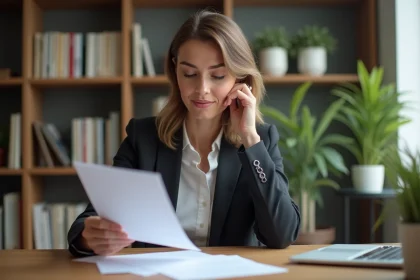 Femme d'affaires signant un contrat dans un bureau moderne