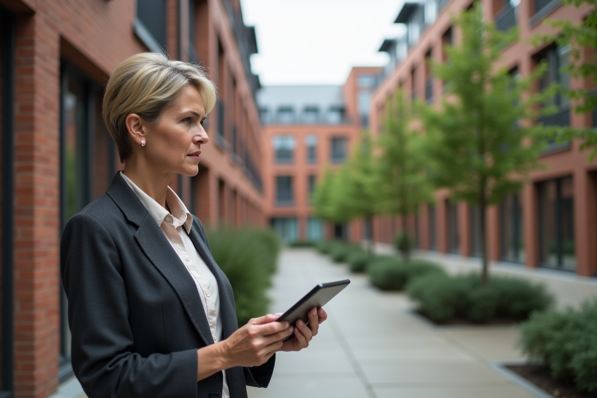 Femme d affaires regardant des immeubles résidentiels modernes