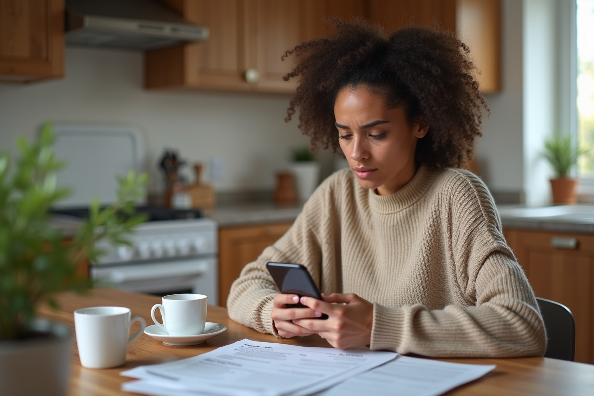 Jeune femme anxieuse avec formulaire d assurance à la maison