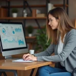 Femme d'âge moyen au bureau avec ordinateur et tableau de bord
