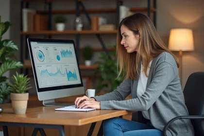 Femme d'âge moyen au bureau avec ordinateur et tableau de bord