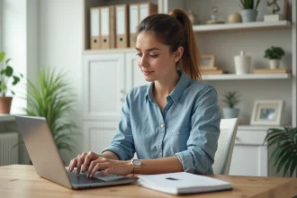 Femme au bureau maison travaillant sur son ordinateur