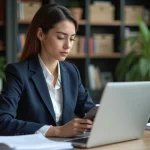 Femme en bureau moderne travaillant sur son ordinateur