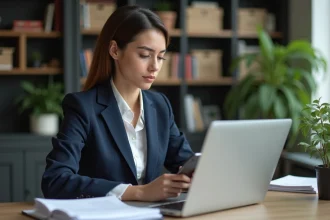 Femme en bureau moderne travaillant sur son ordinateur