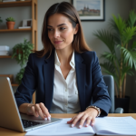 Femme en blazer navy travaillant dans un bureau moderne à Paris