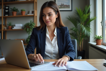 Femme en blazer navy travaillant dans un bureau moderne à Paris