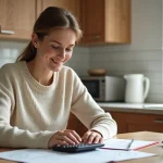 Jeune femme utilisant une calculatrice à la maison