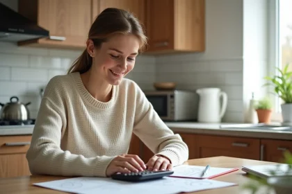 Jeune femme utilisant une calculatrice à la maison