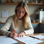 Jeune femme remplissant un formulaire de changement d'adresse dans une cuisine moderne