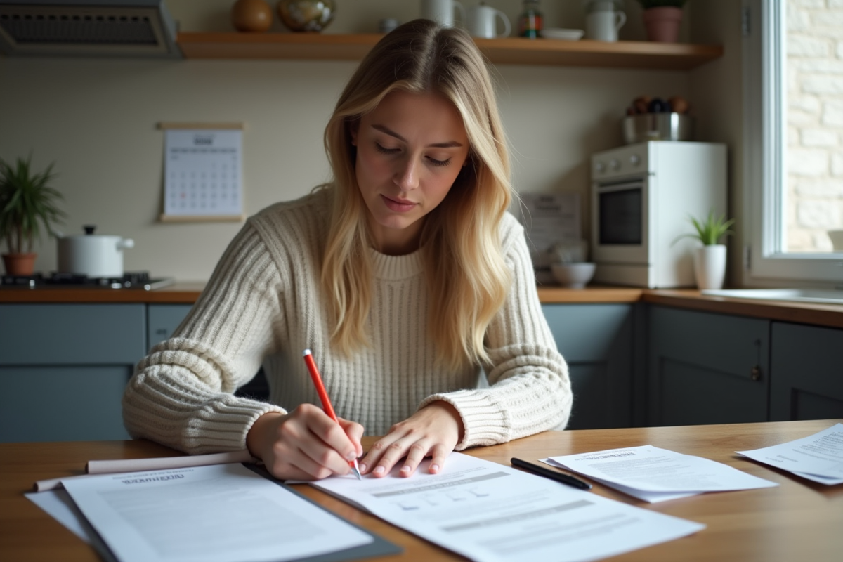 Jeune femme remplissant un formulaire de changement d'adresse dans une cuisine moderne