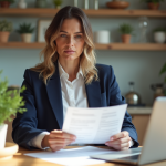Femme confiante examinant des documents d'assurance à la maison