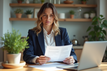 Femme confiante examinant des documents d'assurance à la maison