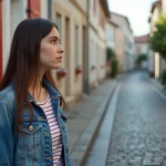 Jeune femme regardant des maisons basques à Bayonne