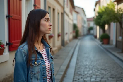 Jeune femme regardant des maisons basques à Bayonne