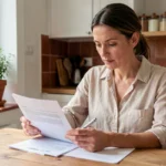Femme consultant un contrat d'assurance habitation sans franchise à sa table de cuisine
